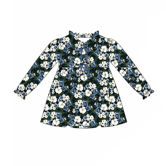Preorder(moq 5) Baby Girls Long Ruffle Sleeves Hot Blue Floral Knee Length Dresses 7.24