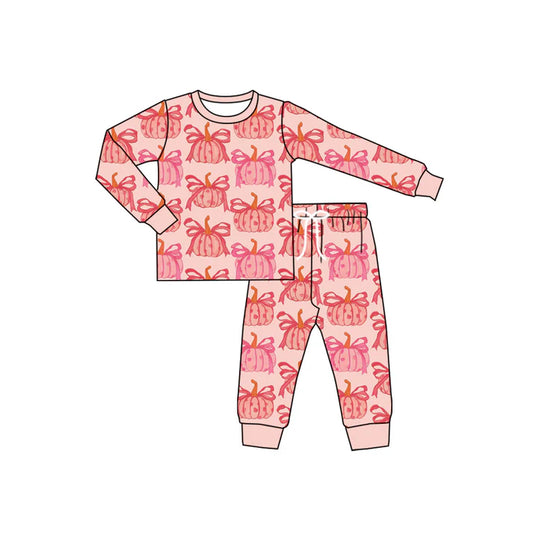 Preorder (moq 5)Baby Girls Peach Long Sleeves Bows Pumpkins Plaid Top Pant Pajamas Set 6.2