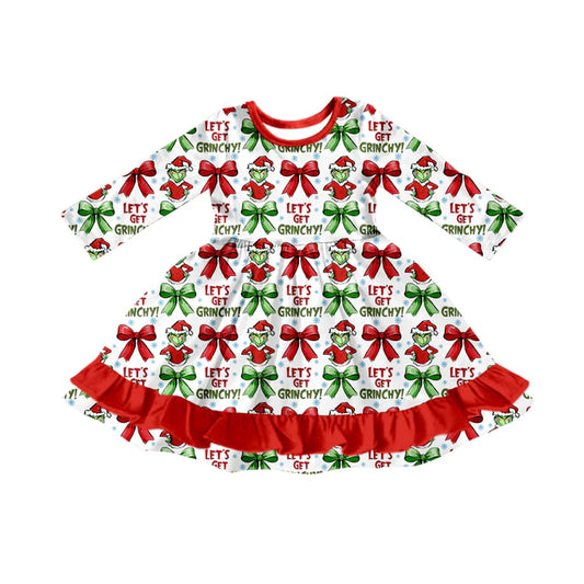Preorder (moq 5)Baby Girls Christmas Let's Go Frog Ruffle Knee Length Dresses 8.7