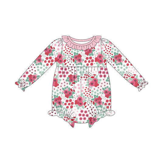 Preorder (moq 8)Baby Girls Long Ruffle Sleeve Pink Flowers Rompers 9.12