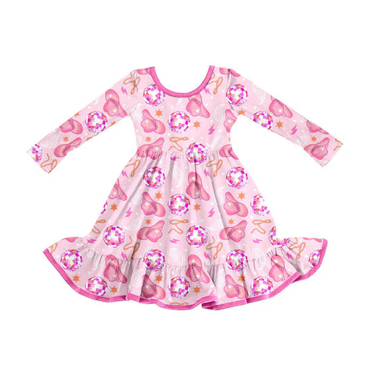 Preorder (moq 8)Baby Girls Long Sleeve Pink Hats Stars Western Ruffle Knee Length Dresses 9.11