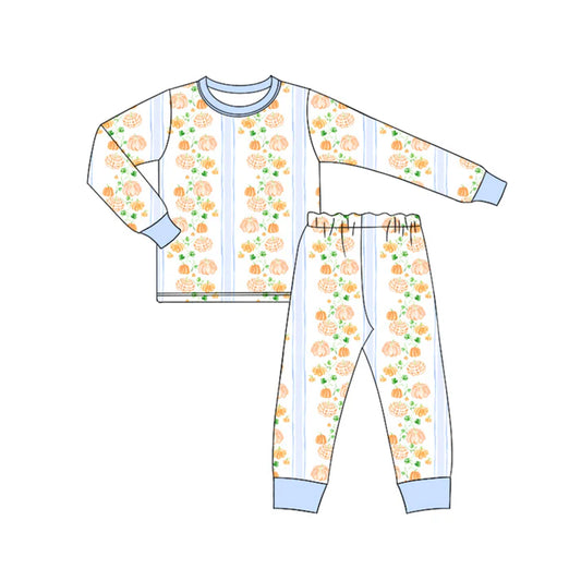 Preorder (moq 5)Baby Boys Long Sleeves Blue Pumpkins Stripes Top Pant Pajamas Set 6.18