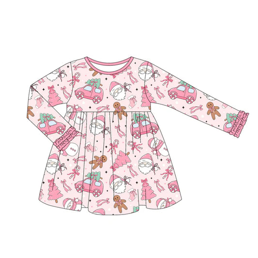 Preorder (moq 5)Baby Girls Pink Long Ruffle Sleeves Santa Cars Trees Knee Length Dresses 6.12