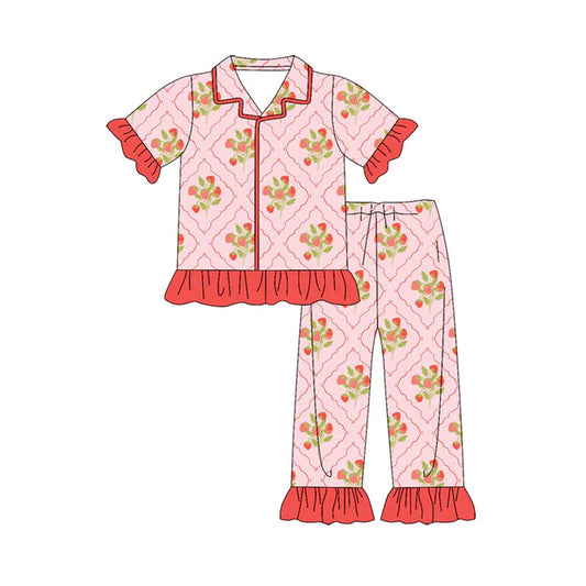 Preorder(moq 8)Baby Girls Strawberry Checked Top Ruffle Pants Pajamas Sets 10.1