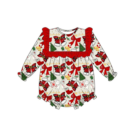 Preorder (moq 5)Baby Girls Long Sleeves Red Bows Trees Holly Plaid Ruffle Romper 7.5