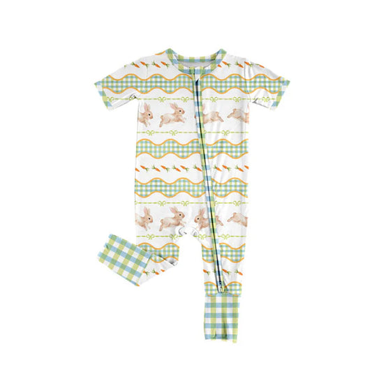 Preorder (moq 5)Baby Girls Rabbits Carrots Bows Stripe Easter Zipper Footie Rompers 10.14
