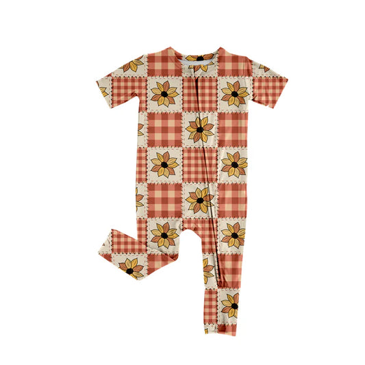 Preorder (moq 5)Baby Girls Short Sleeves Sunflowers Plaid Zipper Pant Rompers 6.13
