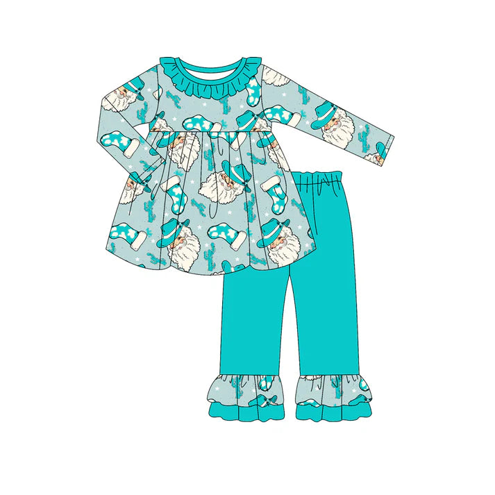 Preorder (moq 5)Baby Girls Long Sleeves Lake Blue Santa Cactus Tunic Ruffle Pant Sets 6.13