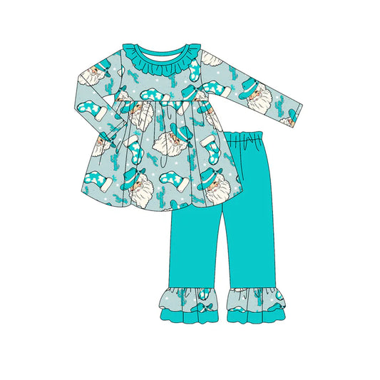 Preorder (moq 5)Baby Girls Long Sleeves Lake Blue Santa Cactus Tunic Ruffle Pant Sets 6.13