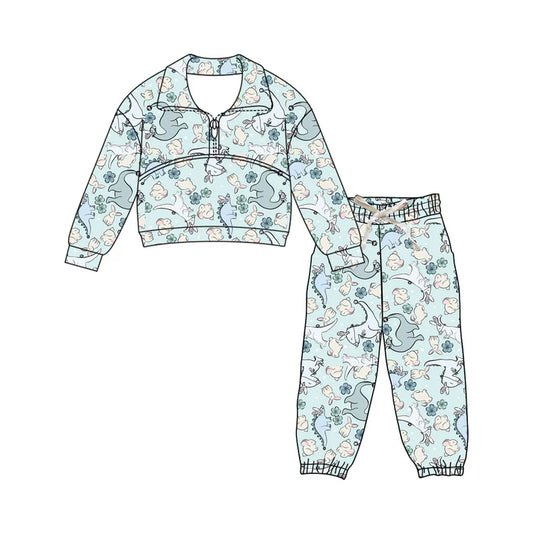 Preorder (moq 5)Baby Girls Rabbit Dinosaur Flowers Zipper Top Joggers Easter Clothes Sets 12.5