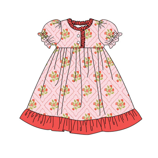 Preorder(moq 8)Baby Girls Strawberry Checked Button Ruffle Knee Length Dresses 10.1