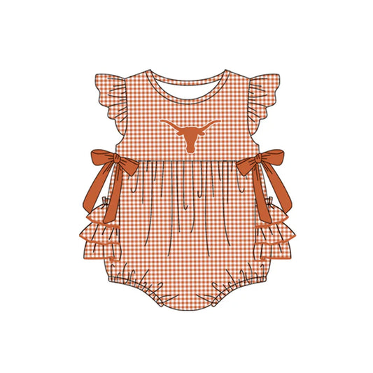 Preorder moq 5 Baby Girls Red Plaid Flutter Sleeves Bows Bull Skull Team Rompers 7.10