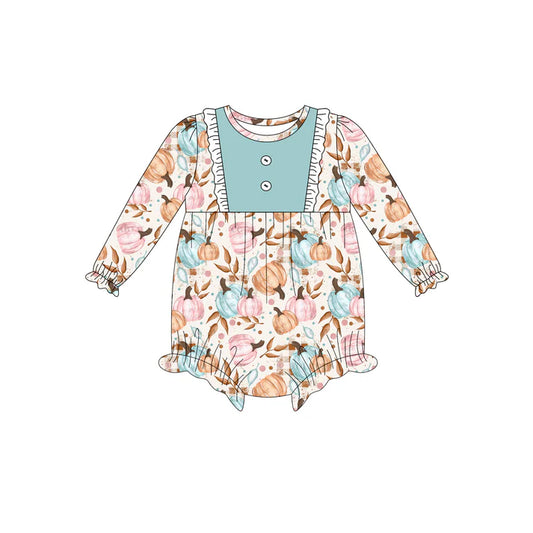 Preorder (moq 5)Baby Girls Long Sleeves Button Colorful Pumpkins Plaid Ruffle Romper 7.5