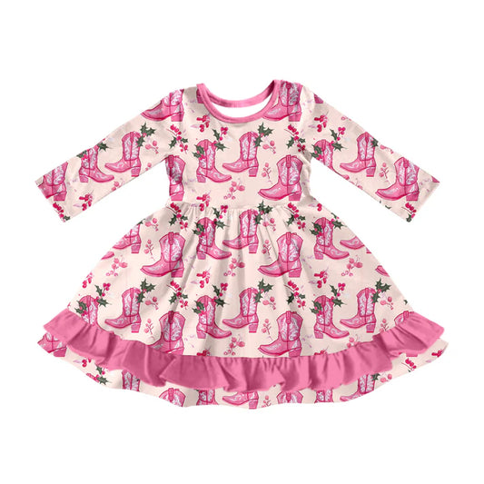 Preorder moq 5 Baby Girls Pink Long Sleeves Floral Boots Ruffle Knee Leng 5.2