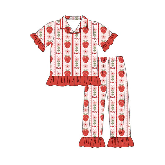Preorder(moq 8)Baby Girls Strawberry Bows Flowers Stripe Top Ruffle Pants Pajamas Sets 10.1