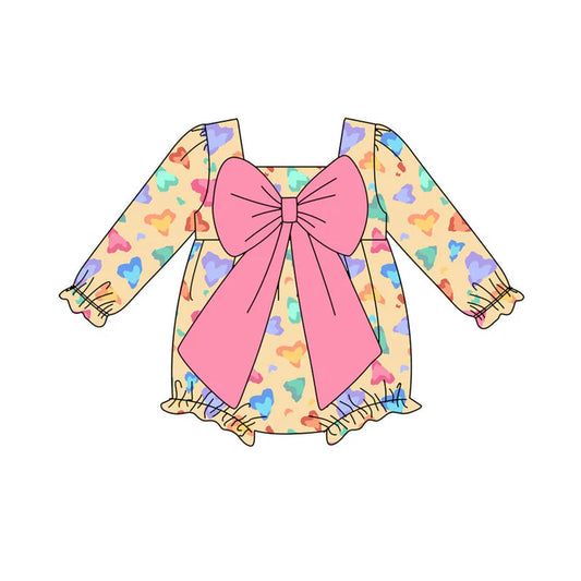 Preorder (moq 8)Baby Girls Colorful Hearts Leopard Bows Valentine Ruffle Rompers 9.18
