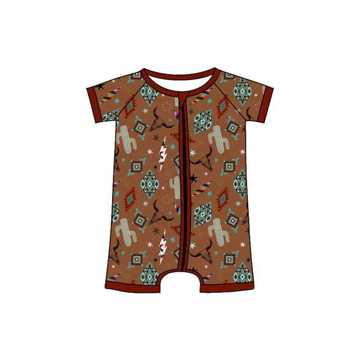 Preorder (moq 5)Baby Boys Dark Red Short Sleeves Cactus Bull Skull Aztec Zipper Rompers 4.24