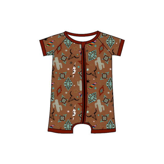 Preorder (moq 5)Baby Boys Dark Red Short Sleeves Cactus Bull Skull Aztec Zipper Rompers 4.24
