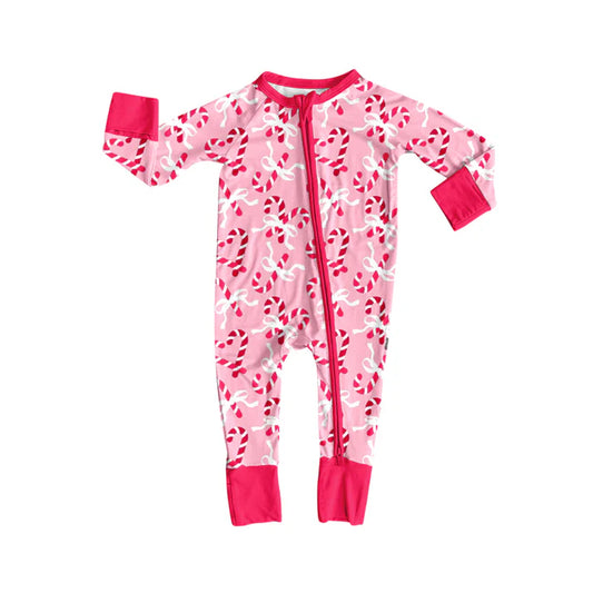 Preorder (moq 5)Baby Girls Long Sleeves Pink Bows Candy Cane Plaid Zipper Romper 7.5