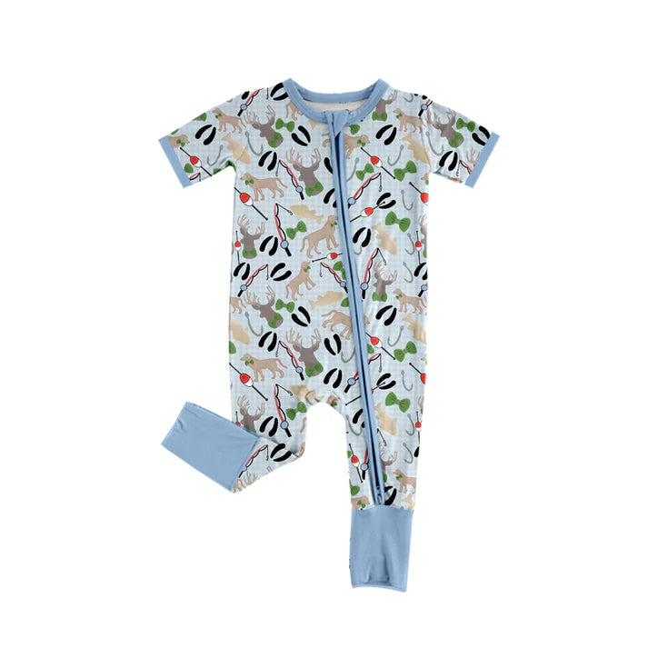 Preorder (moq 5)Baby Boys Blue Short Sleeves Dogs Fishing Plaid Zipper Rompers 5.17