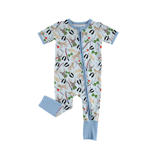 Preorder (moq 5)Baby Boys Blue Short Sleeves Dogs Fishing Plaid Zipper Rompers 5.17