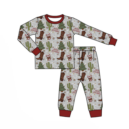 Preorder (moq 8)Baby Boys Boots Cactus Candy Cane Top Pants Merry Christmas Pajamas Sets 9.15