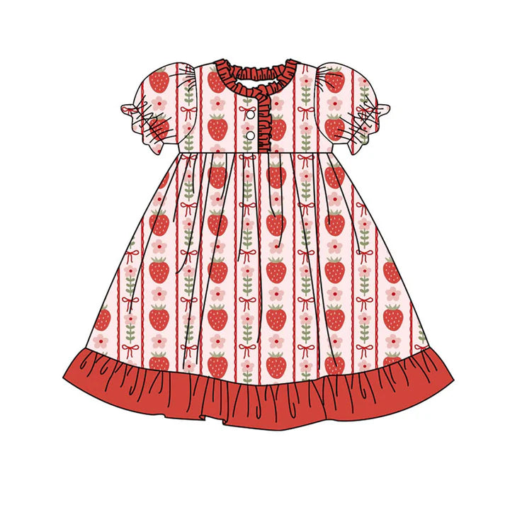 Preorder(moq 8)Baby Girls Strawberry Bows Flowers Stripe Button Ruffle Knee Length Dress 10.1