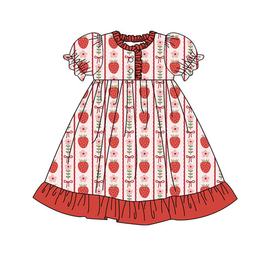 Preorder(moq 8)Baby Girls Strawberry Bows Flowers Stripe Button Ruffle Knee Length Dress 10.1