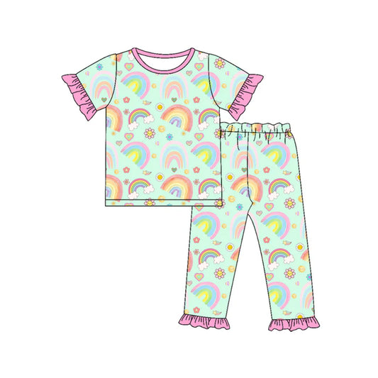 Preorder (moq 5)Baby Girls Rainbow Flower Hearts Top Ruffle Pants Valentines Pajamas Sets 11.26
