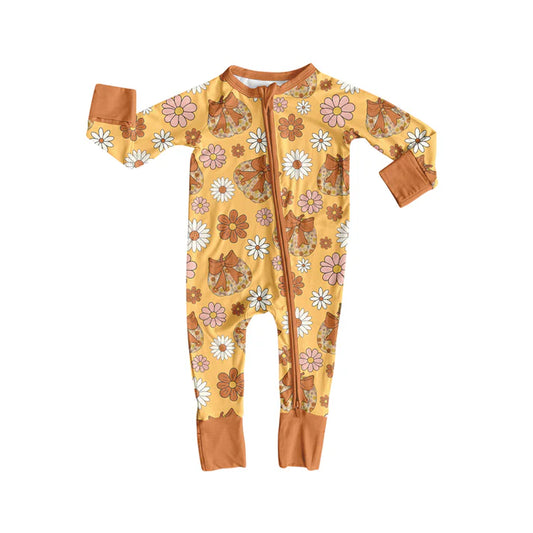 Preorder (moq 5)Baby Girls Long Sleeves Khaki Bows Pumpkins Daisy Plaid Zipper Romper 7.5