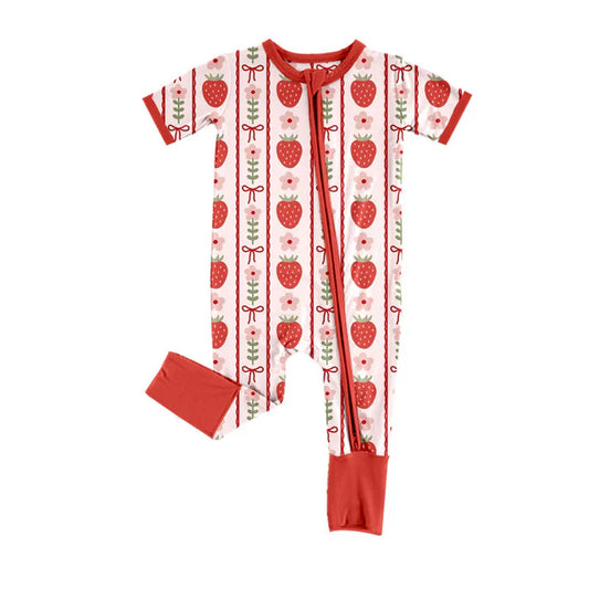 Preorder (moq 8)Baby Girls Strawberry Bows Flowers Stripe Zipper Footie Rompers 10.1