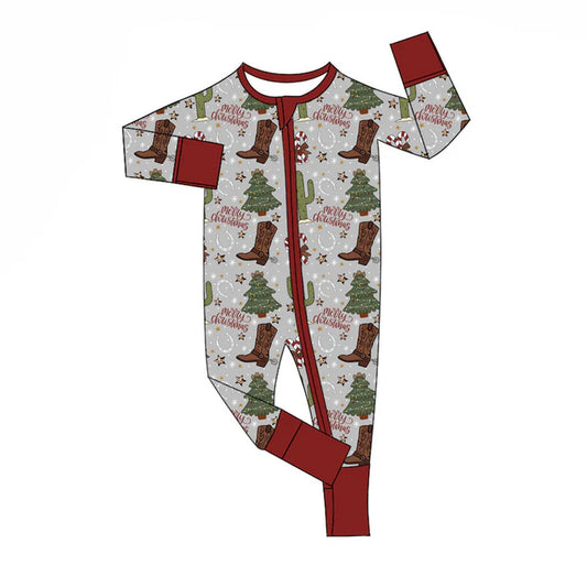 Preorder (moq 8)Baby Boys Boots Cactus Candy Cane Merry Christmas Zipper Footie Rompers 9.15