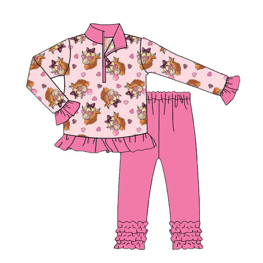 Preorder(moq 8)Baby Girls Hearts Highland Cows Zipper Pullover Ruffle Leggings Valentine Clothes Sets 9.25