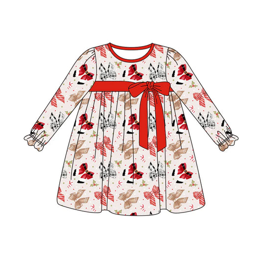 Preorder (moq 5)Baby Girls Long Ruffle Sleeves Colorful Bows Knee Length Dresses 5.29