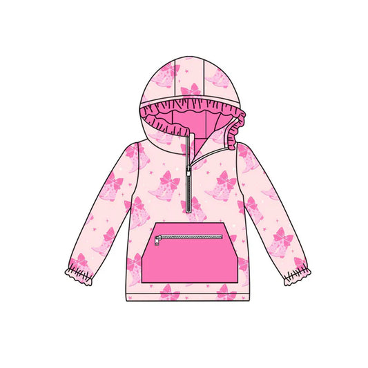 Preorder (moq 5)Baby Girls Pink Bows Boots Pockets Zipper Valentine Ruffle Hoodies Top 9.3