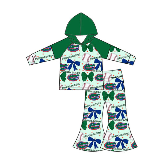 Preorder (moq 5)Baby Girls Long Sleeves Baseballs Bows Crocodiles Hoodie Top Bell Bottom Pant Team Set 6.16