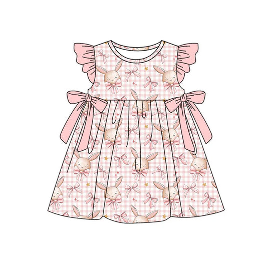 Preorder(moq 5) Baby Girls Pink Flutter Sleeve Bows Rabbits Checked Easter Knee Length Dresses 11.19