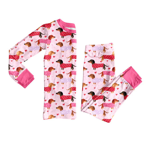 Preorder (moq 5)Baby Girls Pink Hearts Dogs Top Pants Valentine Pajamas Sets 9.4