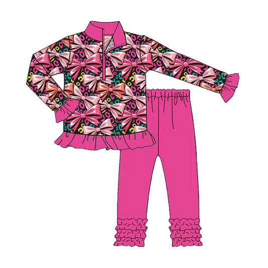 Preorder (moq 5)Baby Girls Colorful Leopard Bows Zipper Pullover Ruffle Leggings Clothes Sets 9.4