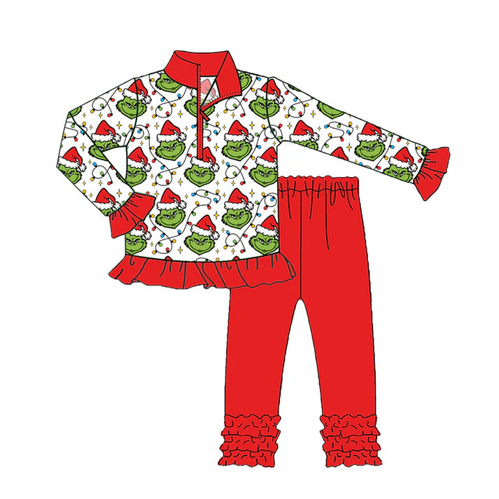 Preorder(moq 5) Baby Girls Grin Frog Christmas Zip Pullover Top Legging Boutique Outfits Sets 8.14