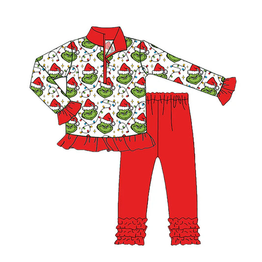 Preorder(moq 5) Baby Girls Grin Frog Christmas Zip Pullover Top Legging Boutique Outfits Sets 8.14