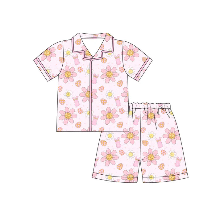 Preorder (moq 5)Baby Girls Egg Flowers Rabbits Button Top Shorts Easter Pajamas Sets 12.12