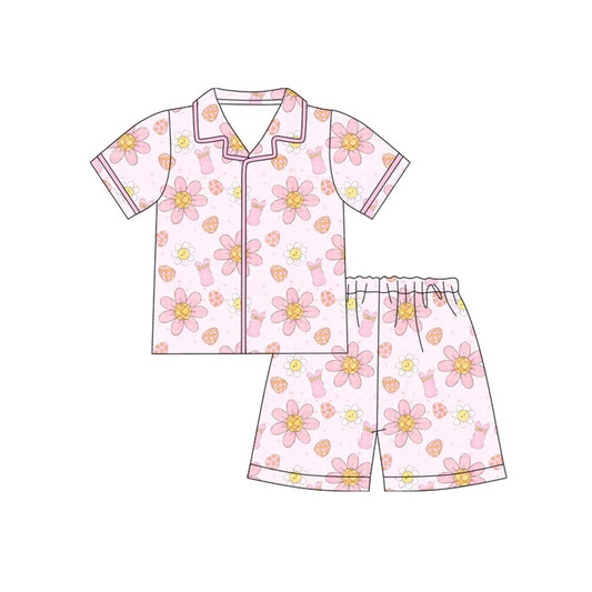 Preorder (moq 5)Baby Girls Egg Flowers Rabbits Button Top Shorts Easter Pajamas Sets 12.12