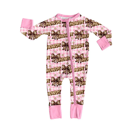 Preorder (moq 8)Baby Girls Pink Checked Bows Howdy Zipper Footie Rompers 9.8