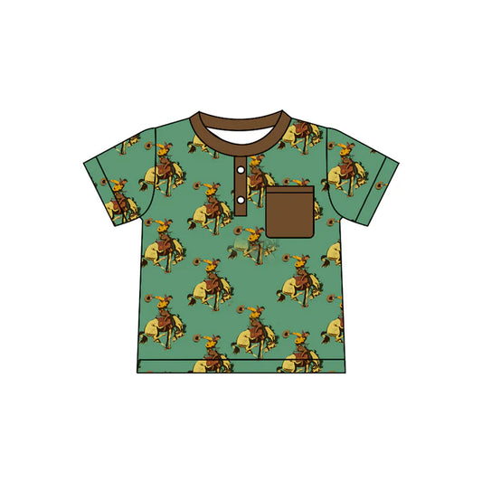 Preorder(moq 5) Baby Boys Green Horse Rodeos Button Pocket Western Polo Shirts Top 10.28