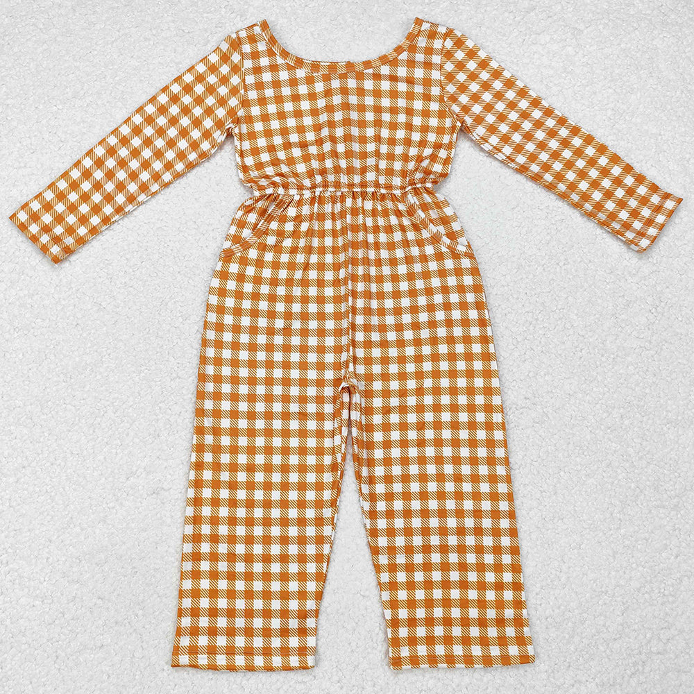 Baby Girls Jumpsuits Khaki Checkered Long Sleeve Fall Jumpsuits LR1840