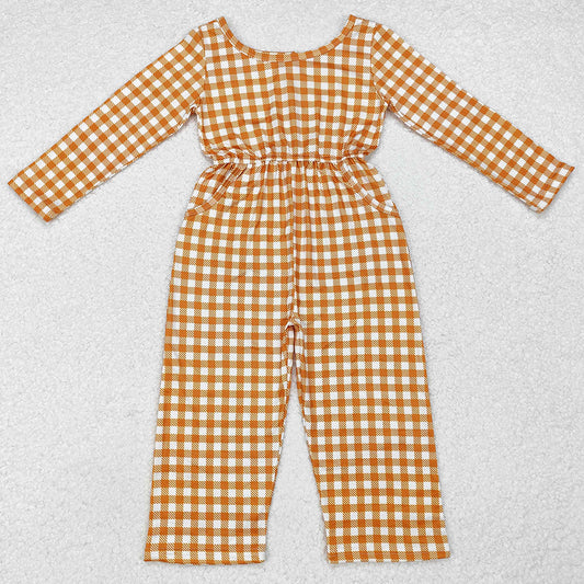 Baby Girls Jumpsuits Khaki Checkered Long Sleeve Fall Jumpsuits LR1840