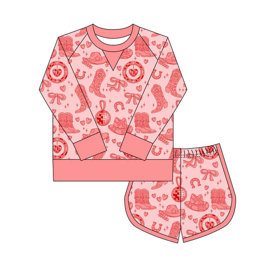 Preorder(moq 8)Baby Girls Pink Hearts Boots Hats Long Sleeve Top Shorts Western Clothes Set 9.27