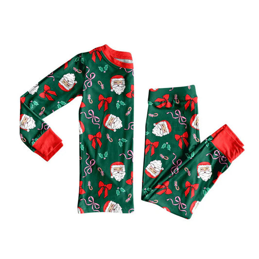 Preorder (moq 8)Baby Girls Dark Green Santa Bows Holly Top Pants Christmas Pajamas Sets 9.22
