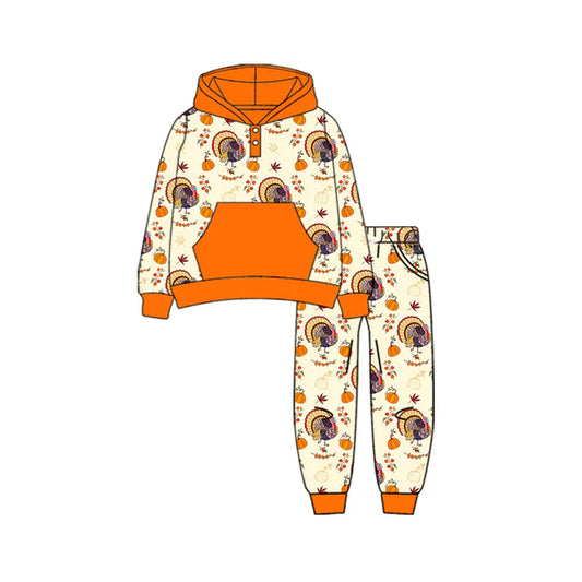 Preorder (moq 5)Baby Boys Long Sleeves Pumpkins Turkey Button Pockets Hoodies Top Legging Pants Fall Set 7.2